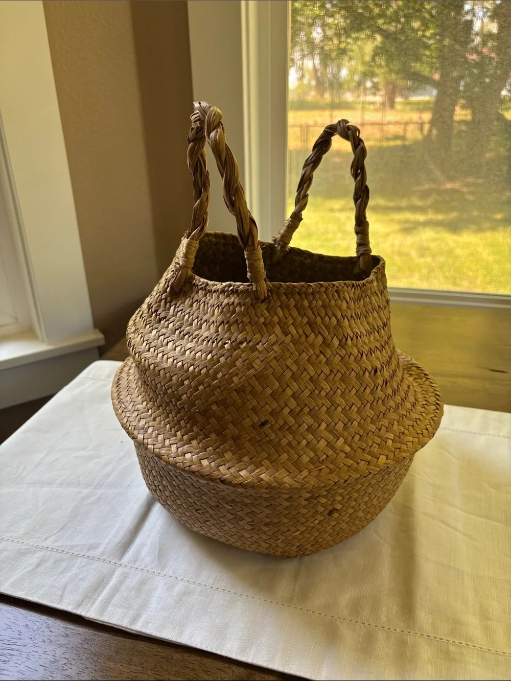 Boho Handwoven Seagrass Storage Basket with Braided Handles - Natural Tan